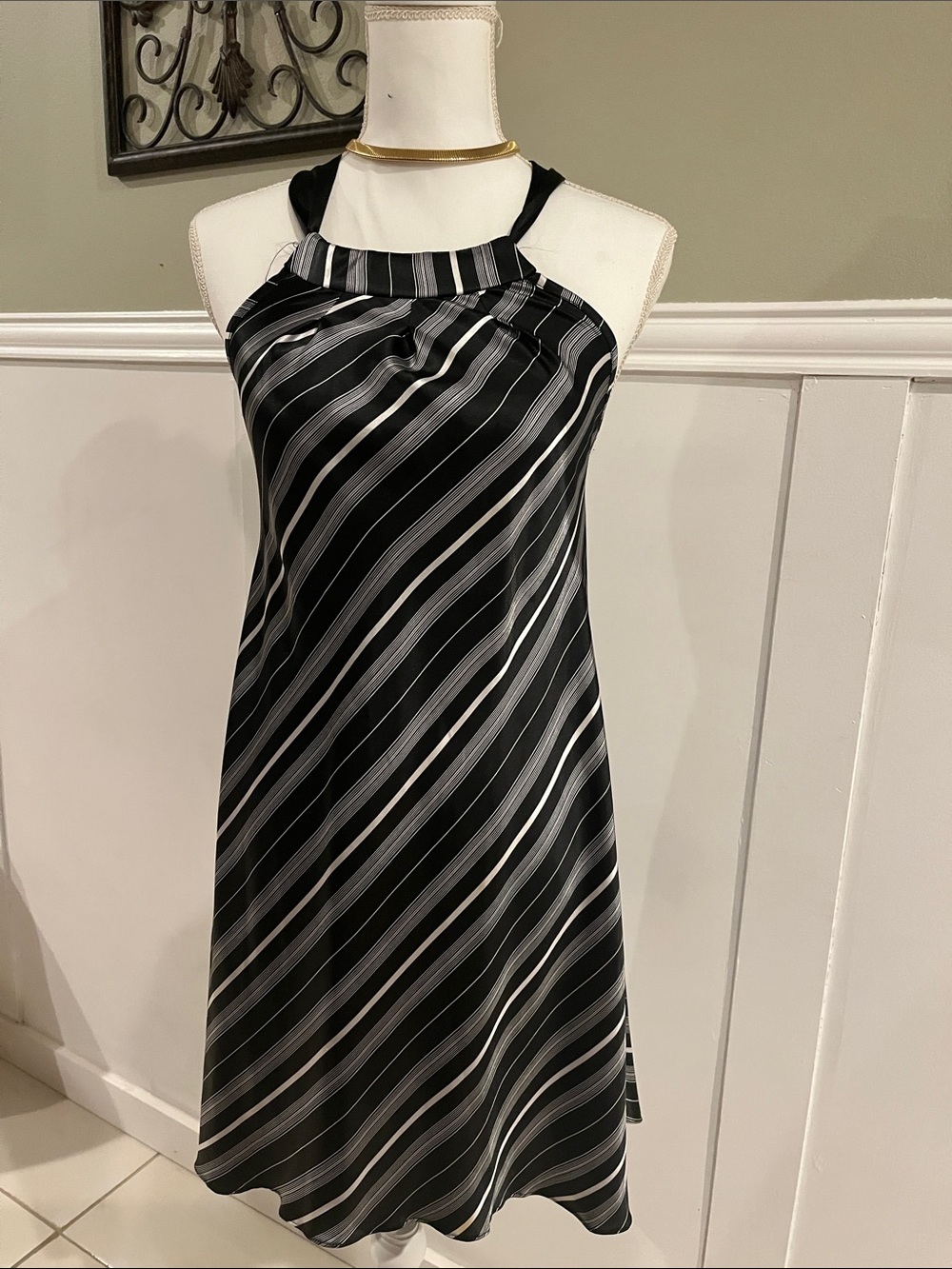 Maria Valentina Black White Silver Diagonal Stripe Midi Dress small medium